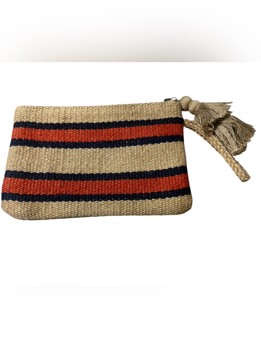 J. Jill jute natural, navy, and orange striped wristlet clutch